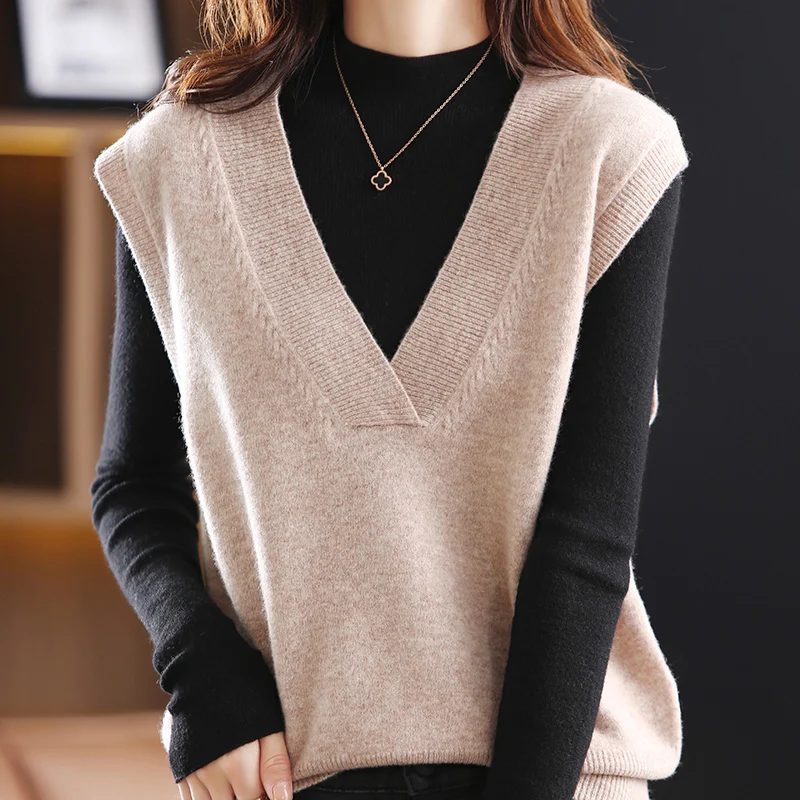 

Женский вязаный шерстяной жилет с V-образным вырезом: модный, универсальный базовый слой для офиса и повседневной носки