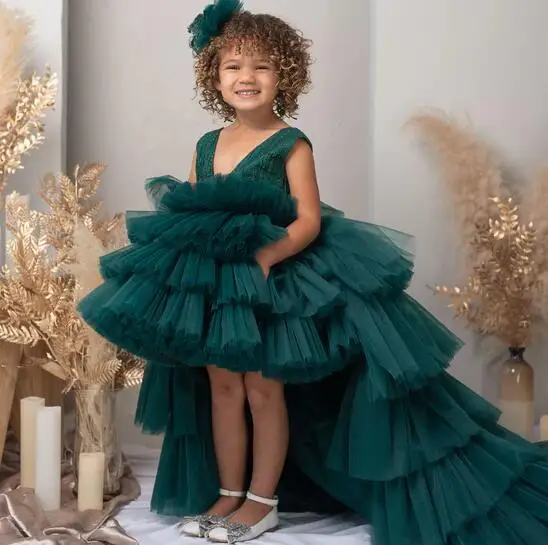 

New Green Glitter Kid Birthday Party Gown V Neck Princess Tutu Dresses Long Detachable Tail Customise Handmade Gown