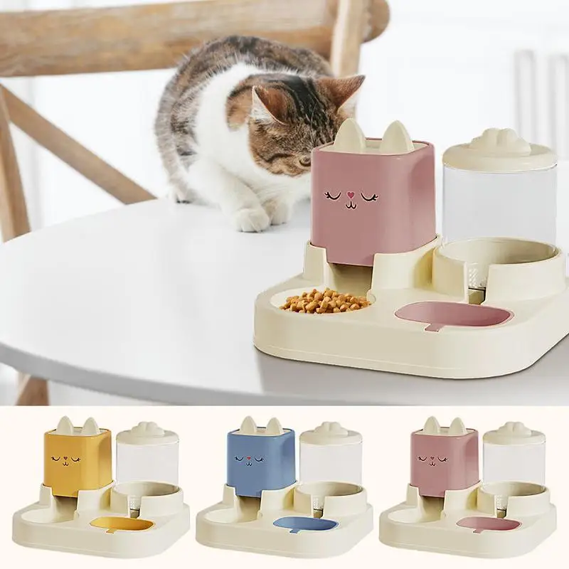 Cat Feeder And Water Dispenser Cartoon Cat Design 2-in-1 Dog Feeding Station Pet Feeder And Water Dispenser Double Bowls With