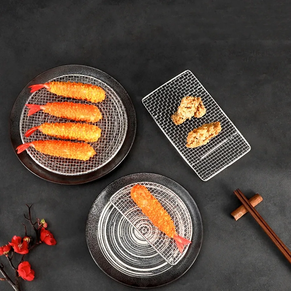 Stainless Steel Tempura Frying Net Japanese Style Semi -circular/Round Barbecue Net Durable Oil Draining Rack Air Fryer