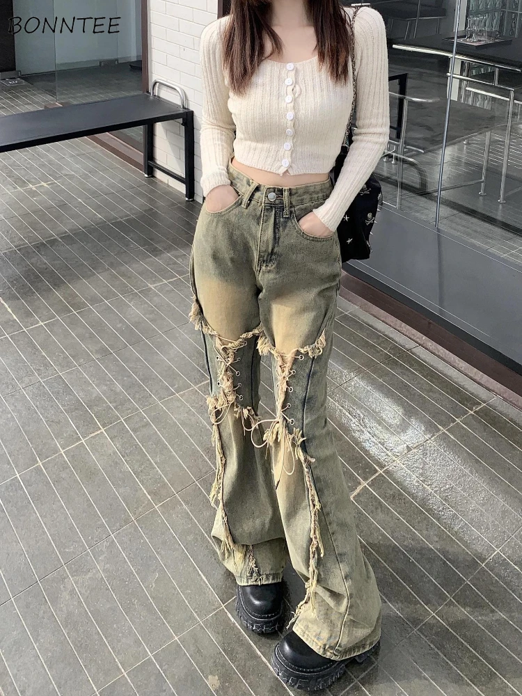 Flare Jeans Women American High Waist Vintage Retro Korean Fashion Hip Hop Designed Cool 2000s Y2k Streetwear Aesthetic Daily