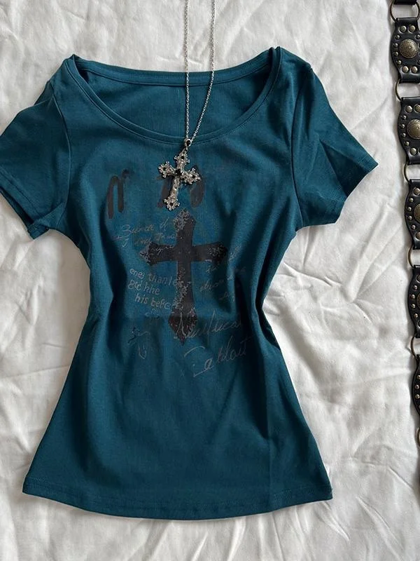 Gothique Rose Bleu Imprimé Coupe Slim Or Sve T-irt Femme Américain Rétro Sle Haut Décontracté Quali Polyester Coton Mélange