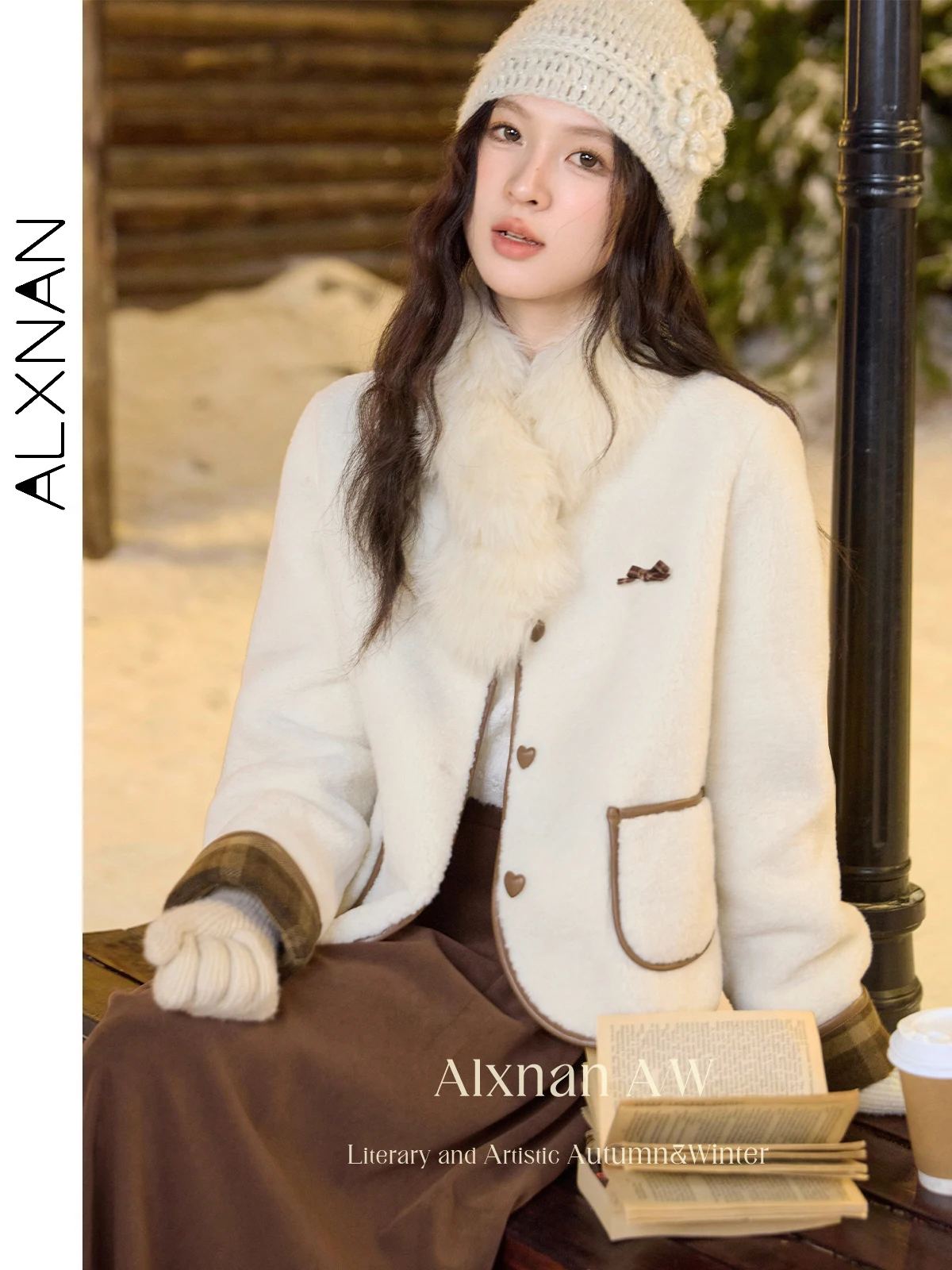 

ALXNAN Women Winter Jackets O-neck Patchwork Plaid Long Sleeve Big Placket Overcoats Leather Heart Button 2024 Outerwear L523110