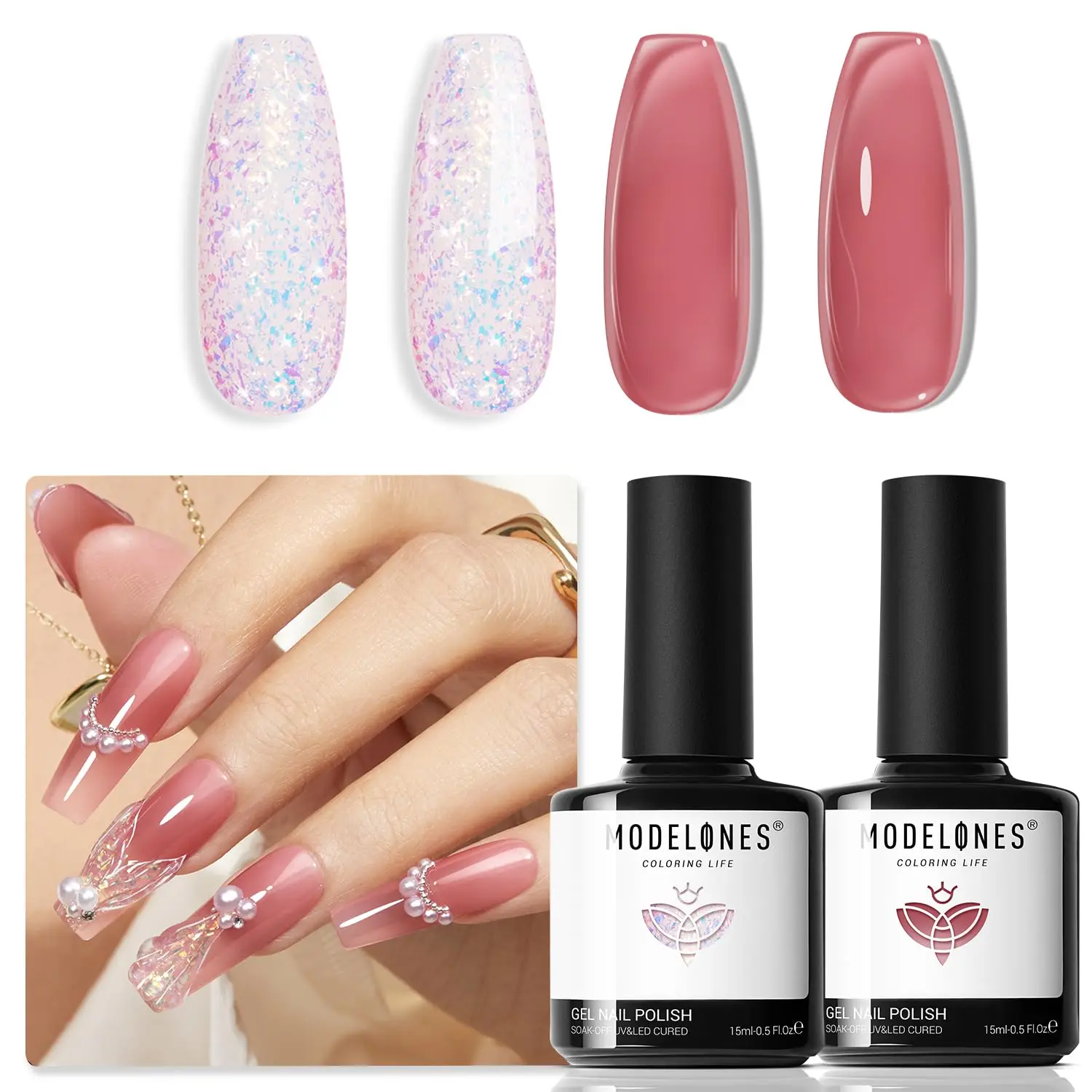 

modelones Gel Nail Polish Set 2 Pcs 15 ML French Tip Red White Jelly Gel Polish Glitter Shimmer Pearl Pink Soak Off UV French
