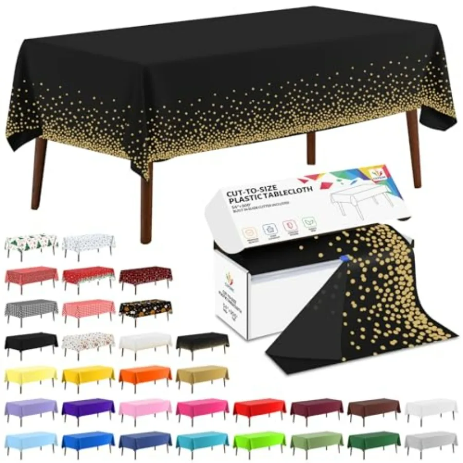 

54 Inch X 300 Feet Black Gold Dot Plastic Table Cover Roll Disposable Tablecloth with Slide Cutter for Round Square and Rectang