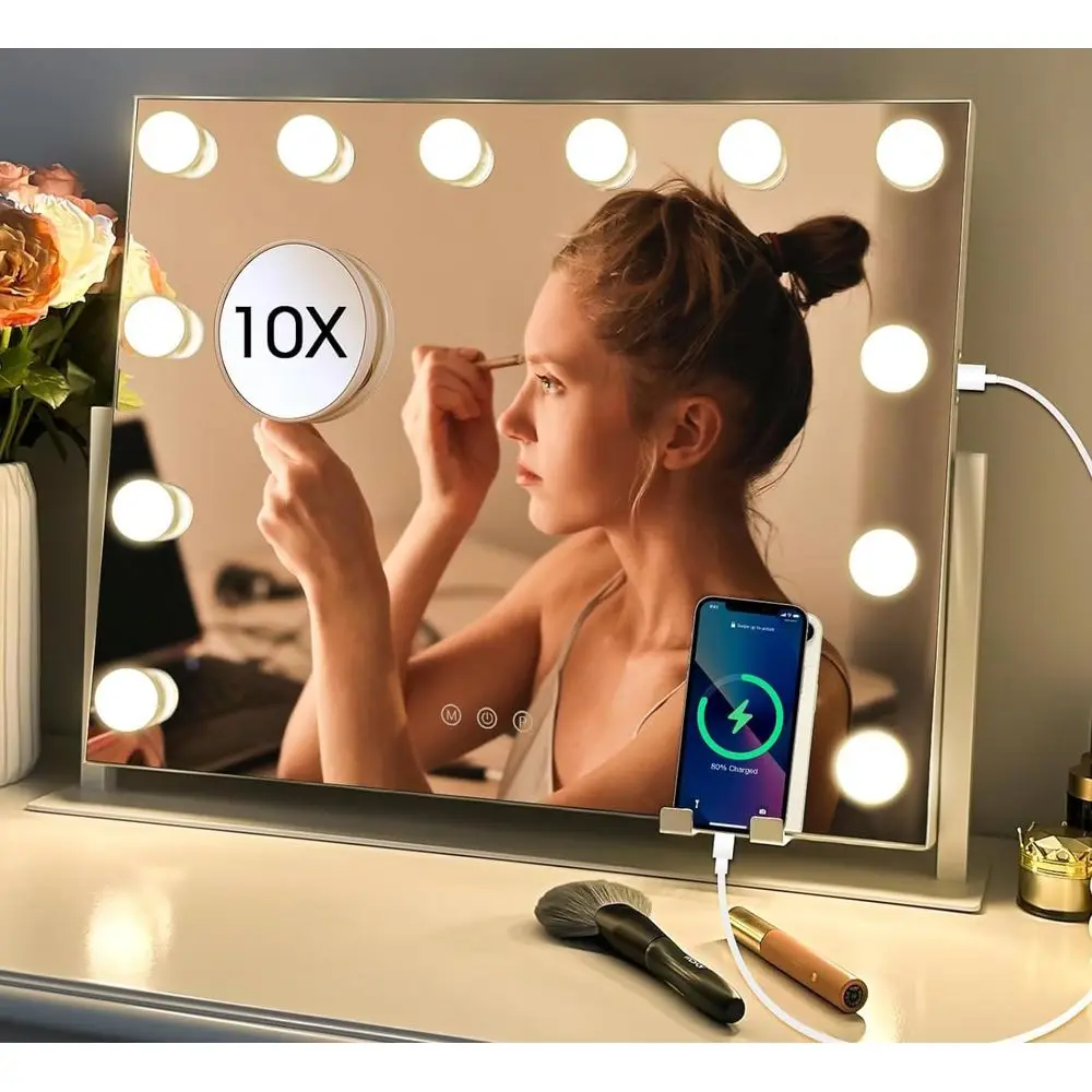 22 LED-beleuchteter Schminkspiegel, 3 Modi, 10-fache Lupe, 360 °   Rotation, Touch-Steuerung, Weiß