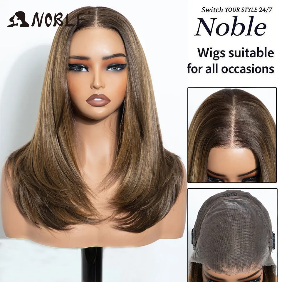 NOBLE 20 Inch 13x6 Lace Front Synthetic Wig Honey Brown Highlight Layered Straight Wig Heat Resistant Lace Wigs For Women