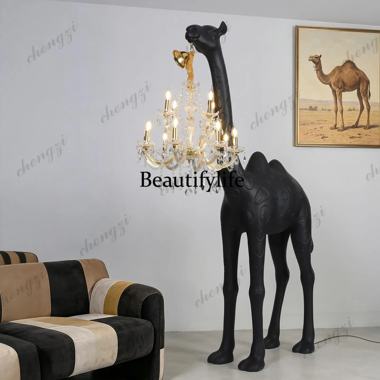 a55 FRP Bimodal Camel Crystal Floor Lamp Light Luxury Sculpture Villa Entrance Hotel Model Room Ornament