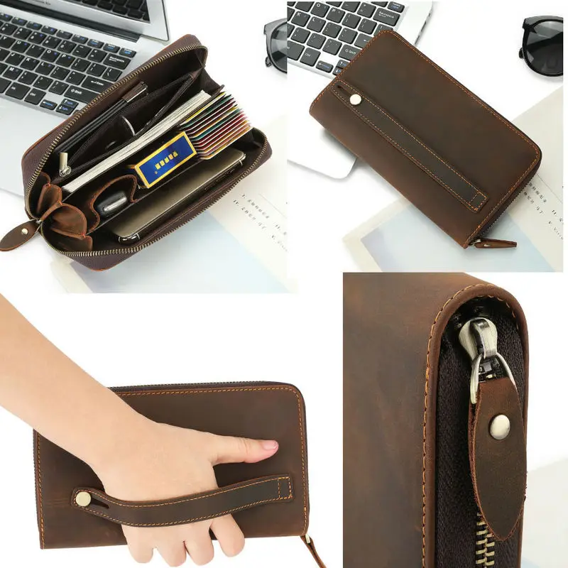 Frenzy Leather Handheld Wallet Genuine Cowhide Clutch Bag Retro Simple Men's Long Style Multi-Compartment Bag