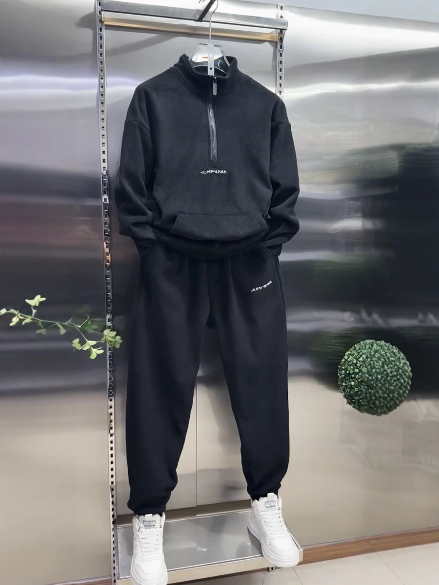 

Faionable Men's Autumn Winter f Zip Hoodie And Trousers Set Fce Lined Trendy Two Piece Suit Long Sve Long Pants