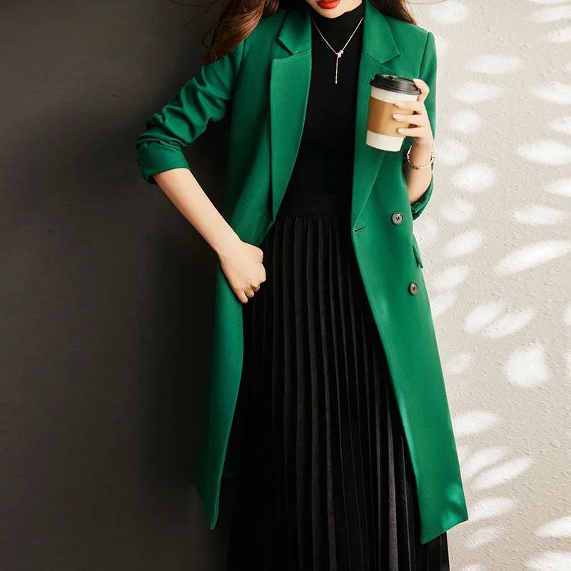 Women Windbreaker Middle Long Coat Elegant Green Autumn Winter Blazers Professional Overcoat Blaser High Quality Fabric Clothes