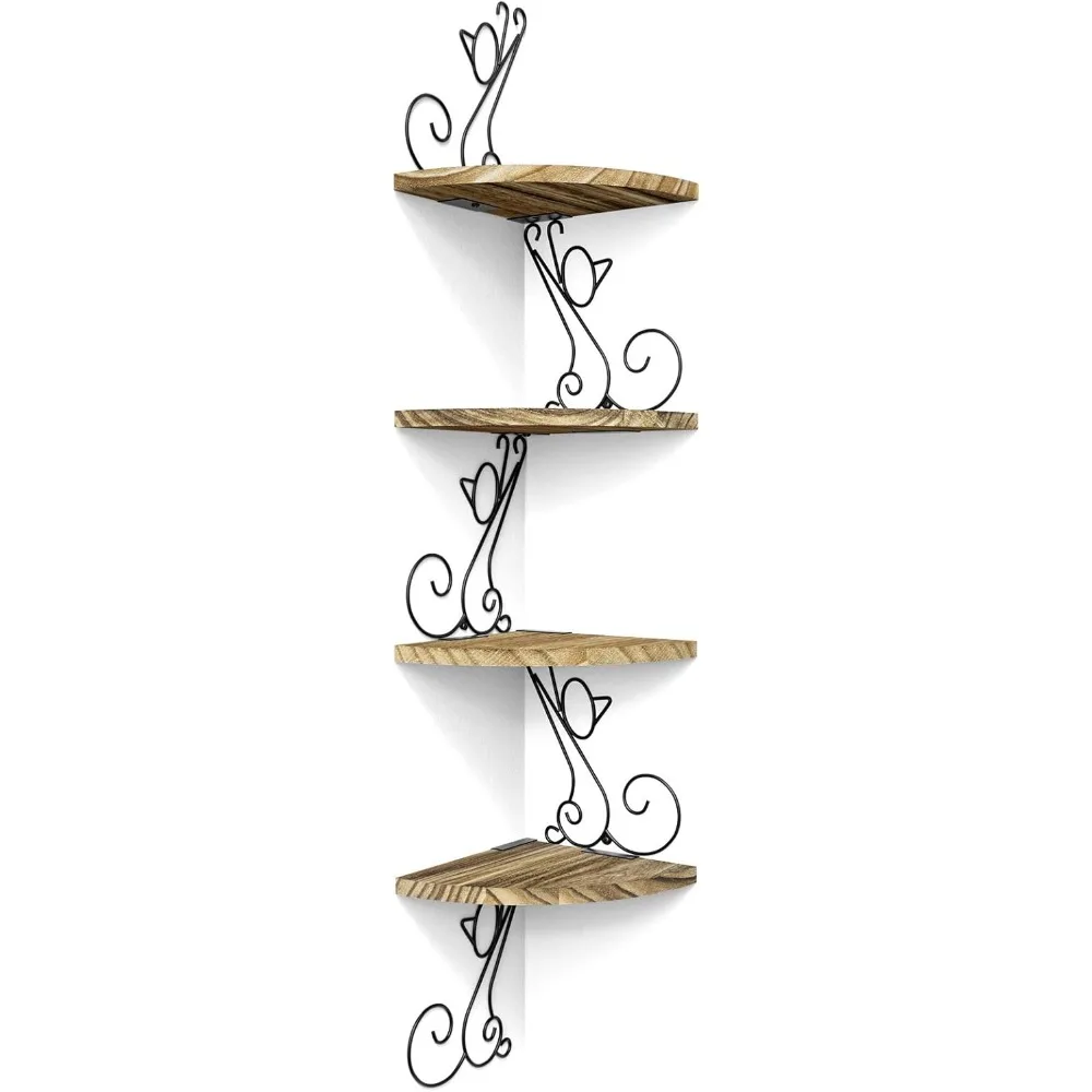 

4-Tier Floating Corner Shelves, Cat-Shaped Wood Storage for Home Decor, Carbonized Black