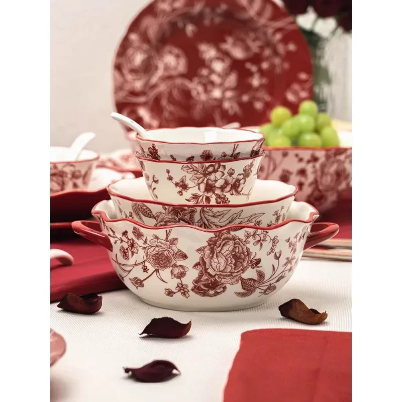 Light Luxury Red Rose Ceramic Tableware Kitchen Dining Room Bowls & Dishes Home Tableware Set Dishwasher and microwave-safe