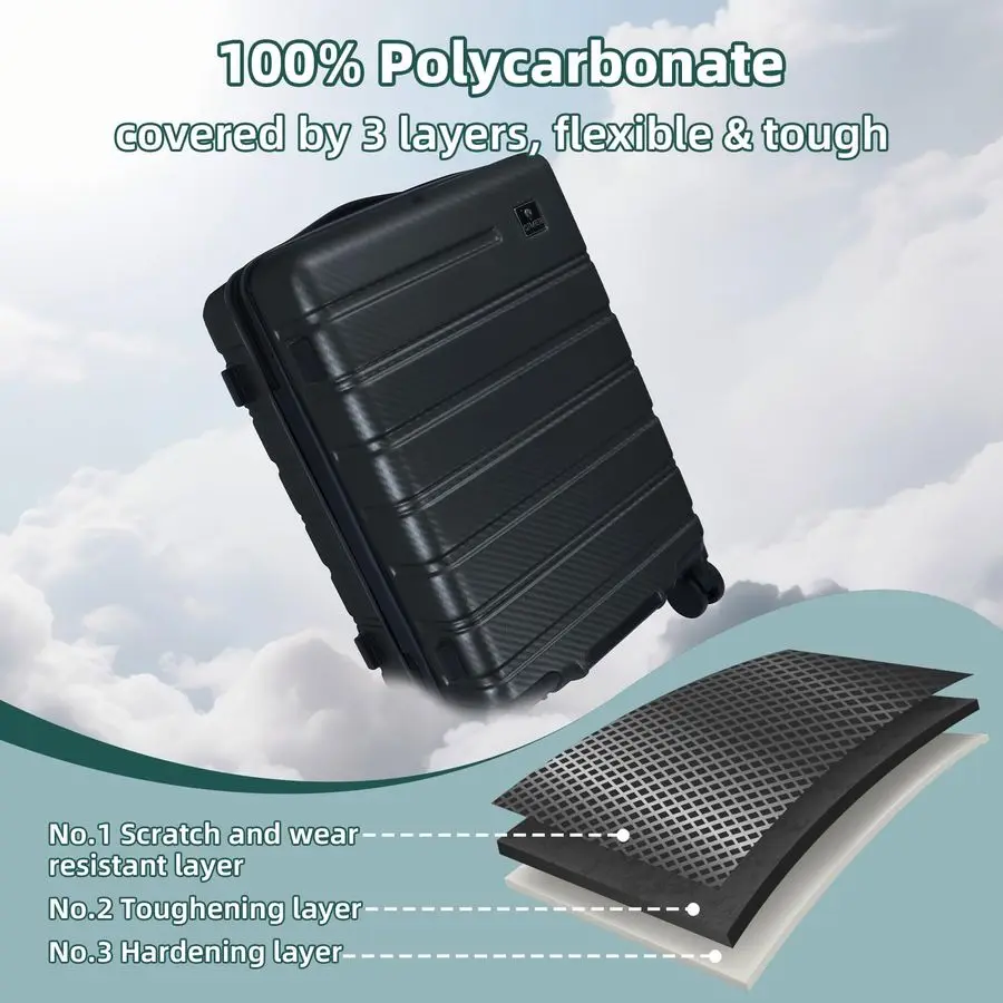 荷物、PC対応ハードシェルスーツケース 22x14x9 インチ 機内持ち込み可能 TSAロック YKKジッパー ダブルスピナーホイール 軽量 旅行用 Mサイズ