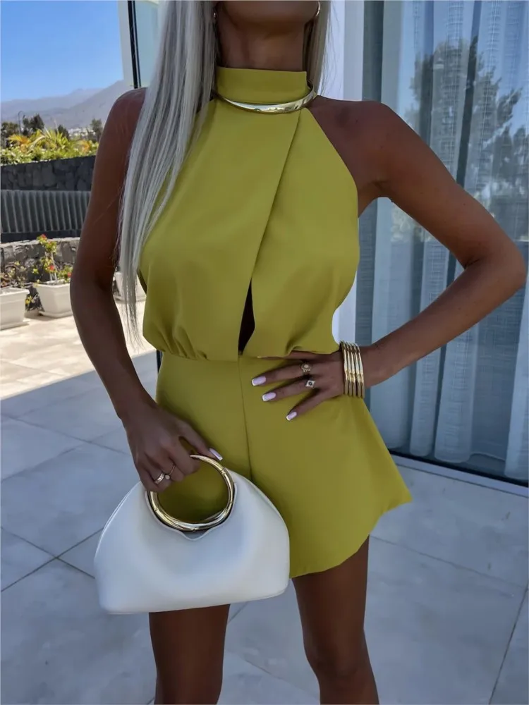 Fashion Hollow Jumpsuit Women Rompers Solid Summer Elegant Stand Neck Sleeveless Sexy Off Shoulder High Waist Office Jumpsuits