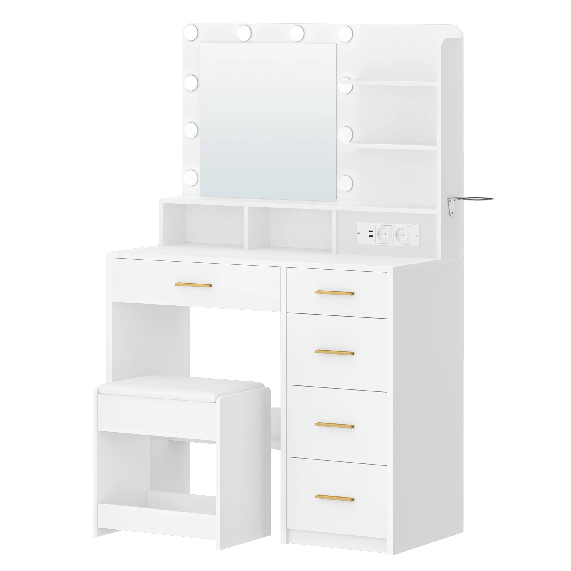 Kaptafel met 10 LED-lichtballen, 3 kleuren, kaptafel met stekker en grote spiegel, kruk en haardrogerhouder, wit - afbeelding 1