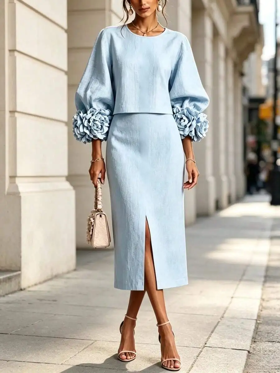 Women's Two-Piece Set, Round Neck Fluffy Sleeve Top+3D Floral Cuffs Slit Skirt Set, Suitable For Elegant Matching In Weddings An