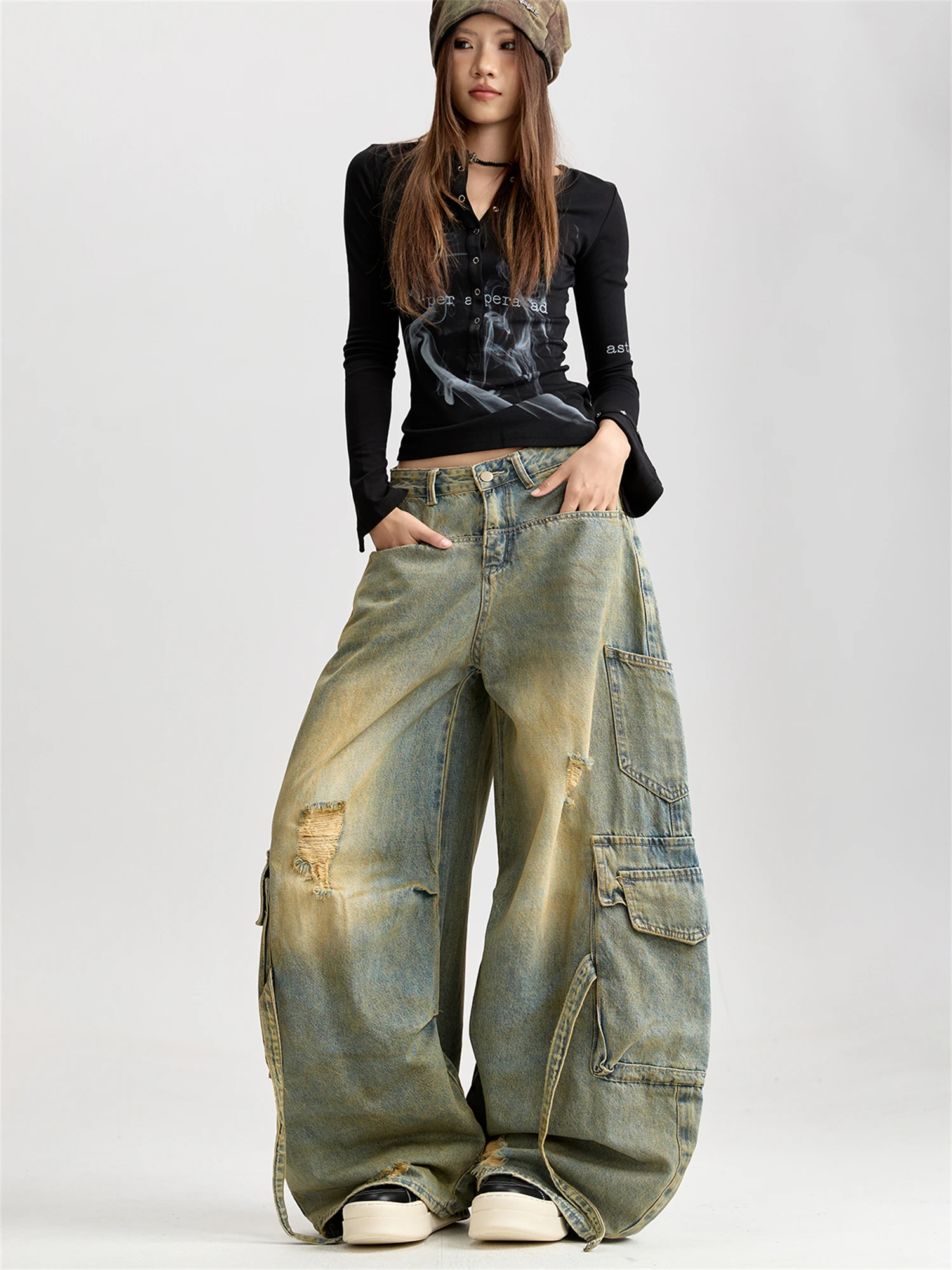 Calça jeans feminina cintura alta perna larga vintage lavada cargo angustiada rasgada multi-bolso com alças y2k streetwear calças jeans