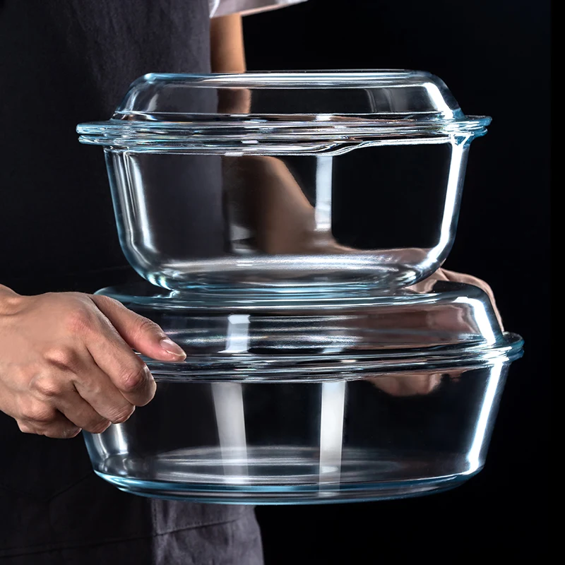 

Термостойкая стеклянная миска с крышкой, большая, очень большая, с двумя ручками, круглая, для микроволновой печи, для домашнего использования, прозрачная.