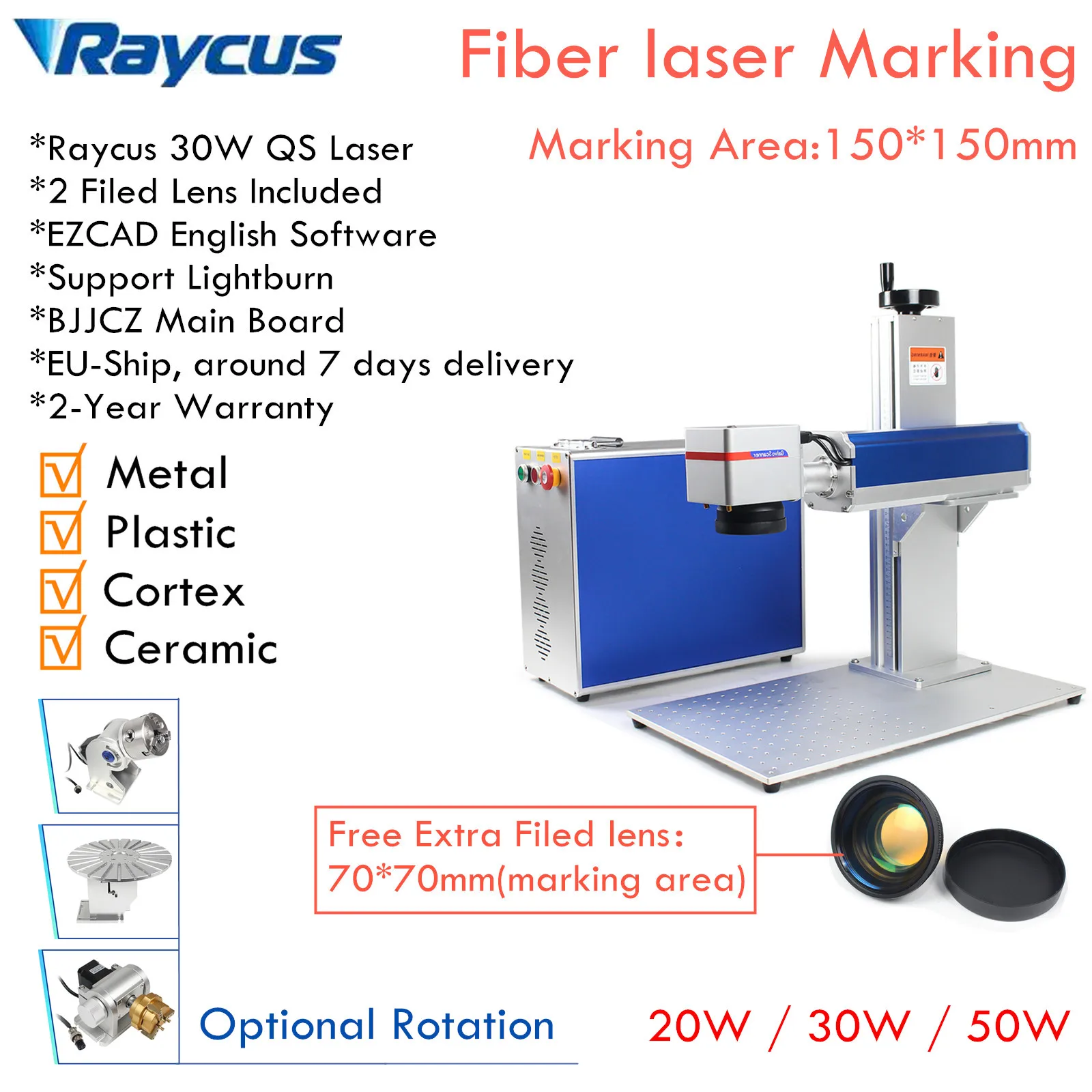 

20W 30W 50W Raycus Split type Fiber Laser Nameplate Marking Engraving Machine + Rotary Axis Engraver Stainless Steel Metal Gold