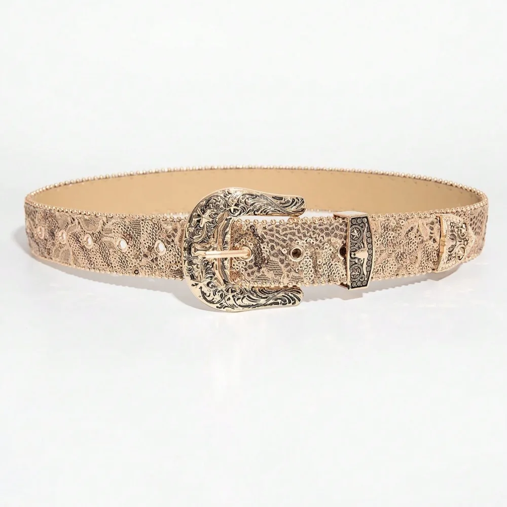 1 Piece of Women's Retro Light Luxury Style Carved Metal Buckle, Antique Gold Sequin Print PU Belt