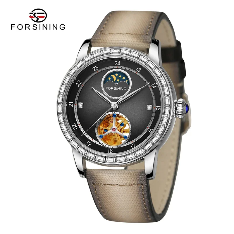 

Forsining Men Business Leather Strap Skelton Automatic Watches Moon Phase Mechanica Watch 30m Waterproof Luminous Hands Watches