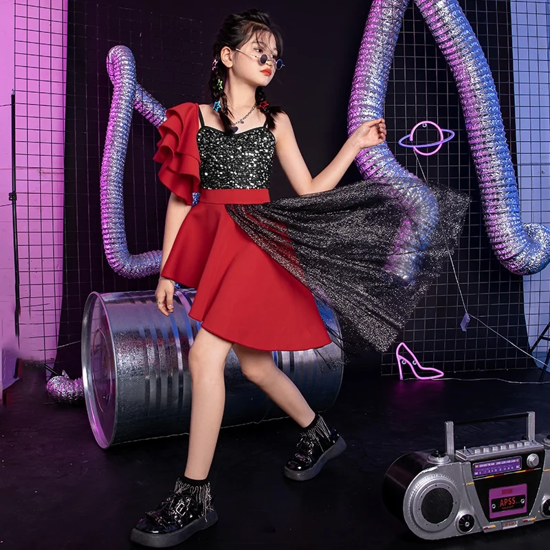 

Модный красный костюм без рукавов с блестками в стиле хип-хоп для девочек, детские костюмы для джазовых танцев, сценические костюмы, одежда в стиле хип-хоп DQL8699