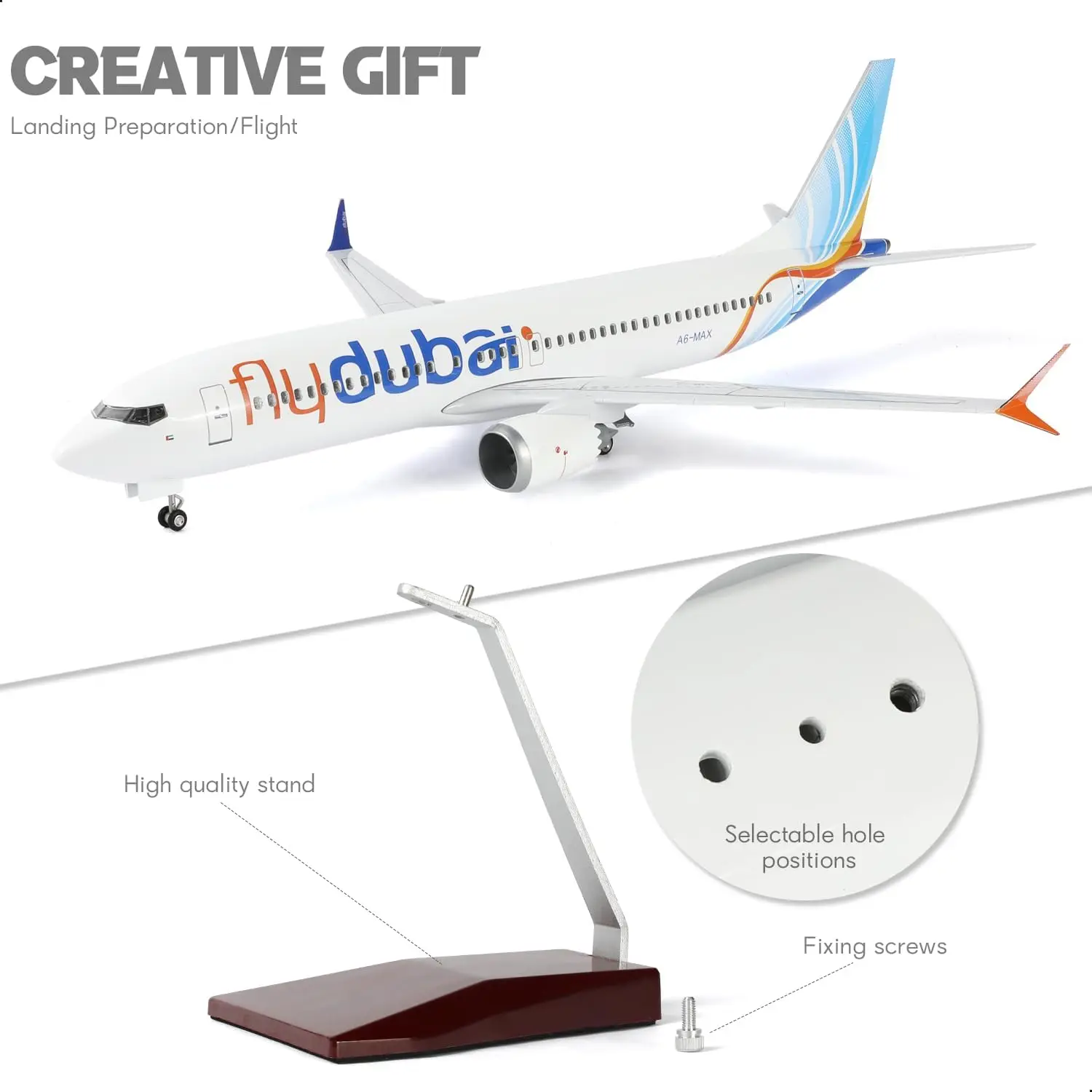 1/85 Scale Dubai B737 Resin Diecast Airplane Model Kit with Stand＆LED Light for Aviation Gift Home or Office Desktop Decor