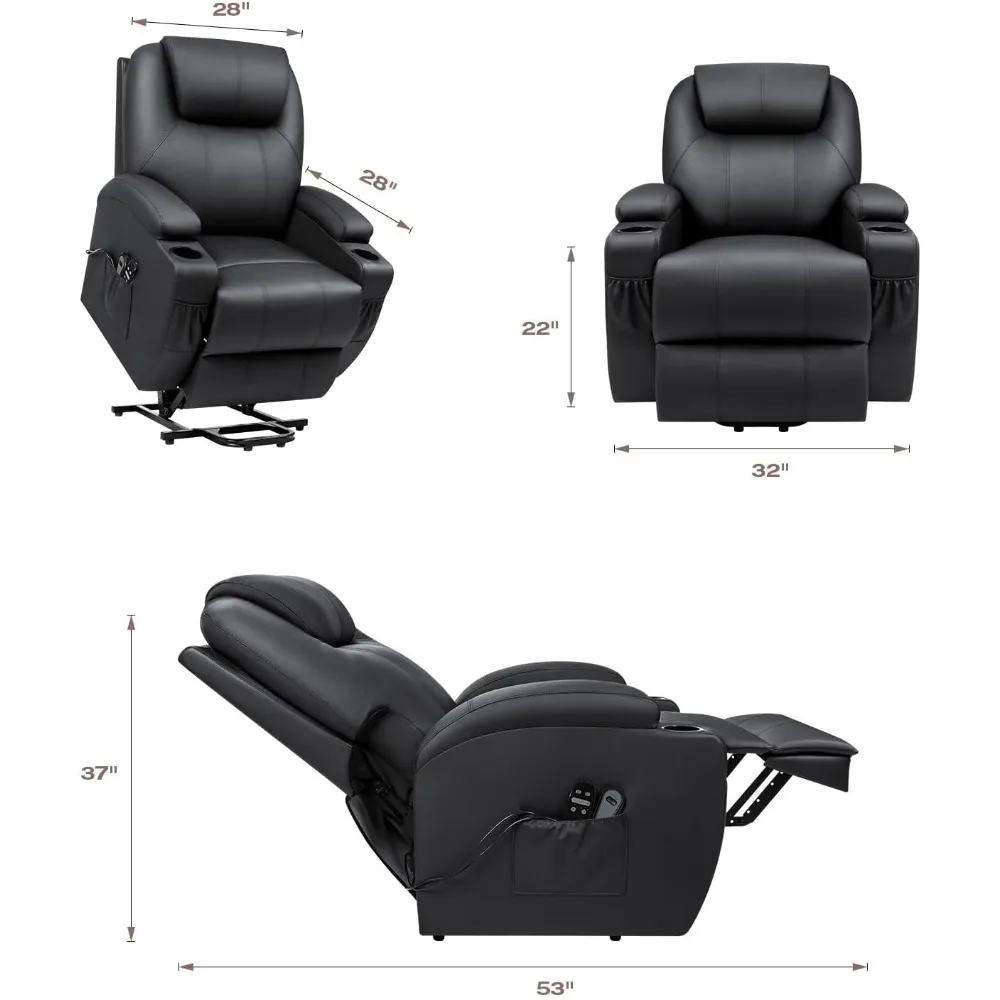 Electric Power Lift Recliner Chair for Elderly Reclining Sofa for Living Room with Massage  Side Pockets  Leather  Black