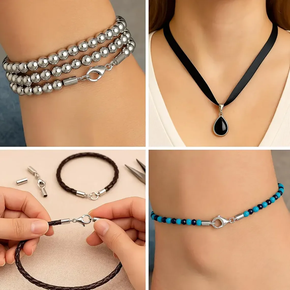 10er-Set/Lot Edelstahl-Endkappen mit Karabinerverschluss, 3/4/5/6 mm, Kordelendverschlüsse für Armbänder, Halsketten, DIY-Zubehör – Detail 9