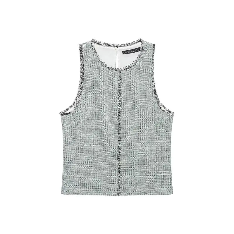 New Women's Sleeveless round Neck Back Split Frayed Texture Top Early Autumn Fashion Ladies' Premium Clothing