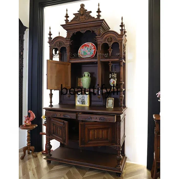G  French medieval solid wood tenon and mortise wine cabinet, decorative cabinet, American home retro, entrance cabinet