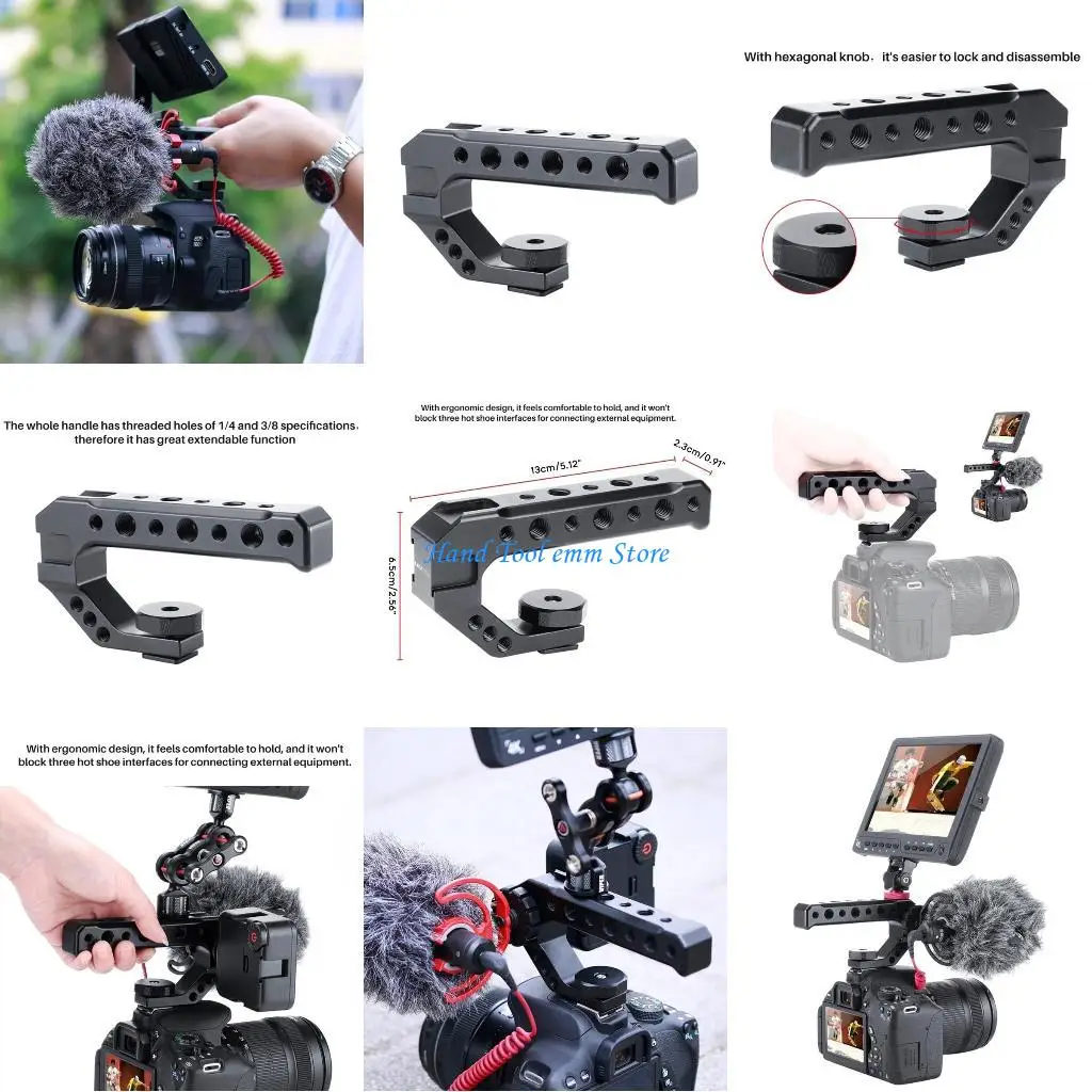 

H37F Top Handle Grip with Cold Shoe 1/4'' 3/8'' Camera Rig Cage Aluminum DSLR Handle