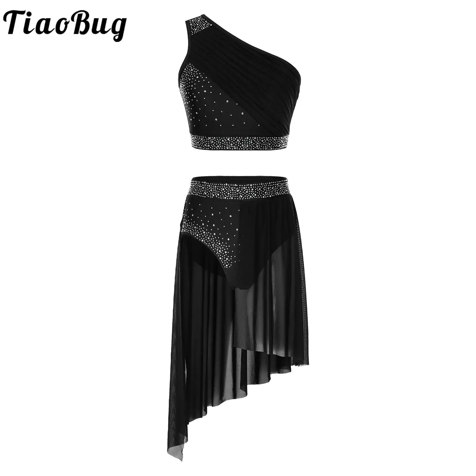 

Women Sexy Skating Modern Dance Outfit 2Pcs Lyrical Latin Dance Dresses One Shoulder Ruched Overlay Crop Top with Briefs Skirted