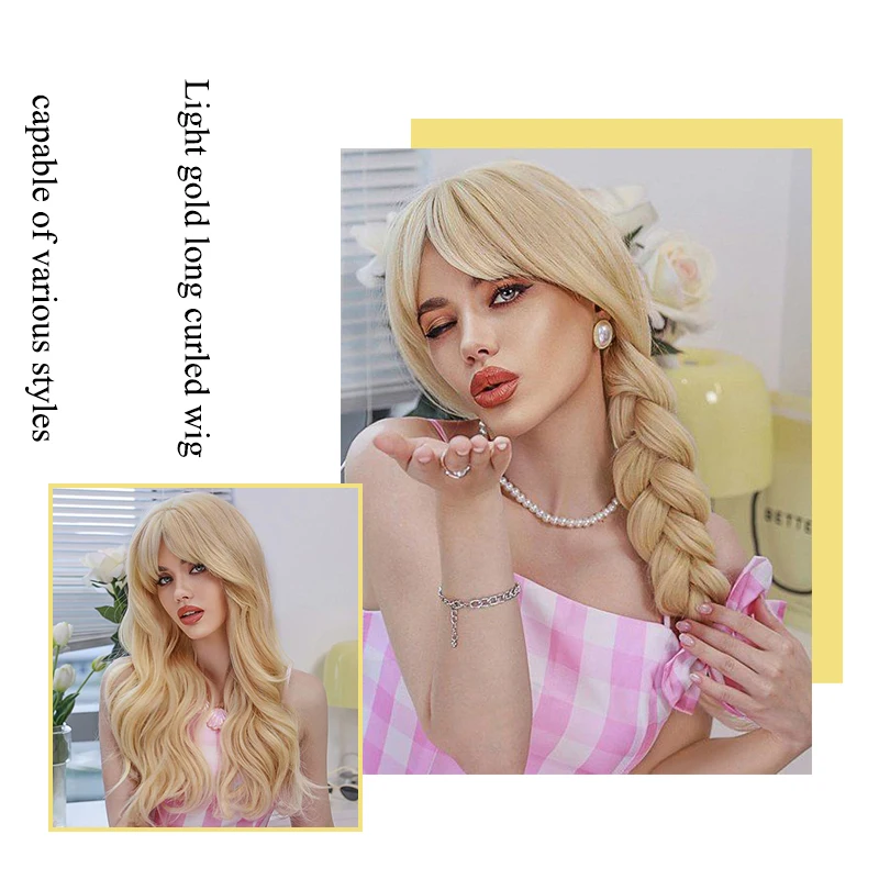 Light Blonde Synthetic wigs Long Wavy hair with Bangs Lolita Cosplay Natural Wigs for Women Party Daily Use Heat Resistant Fiber