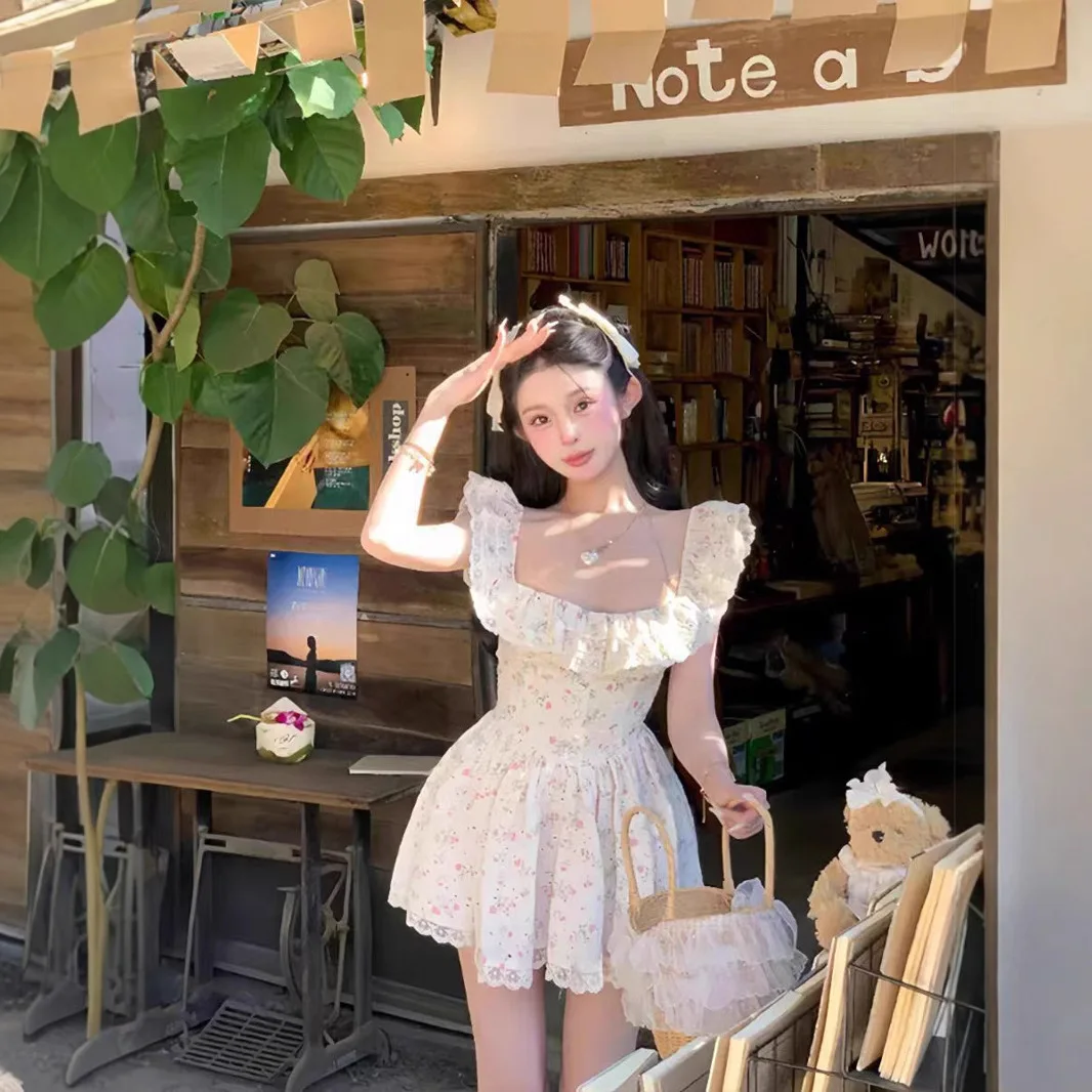 

Women Summer Dresses Cinching Strapless Floral Sweet Dress Clothing Female Elegant Evening Dress