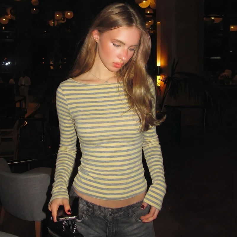 Hugcitar Gestreiftes Farbblock-Langarmshirt, Sexy Slim Fit Crop T-Shirt Top, Herbst Damenmode Kleidung, Streetwear, Party, Club – Detail 17
