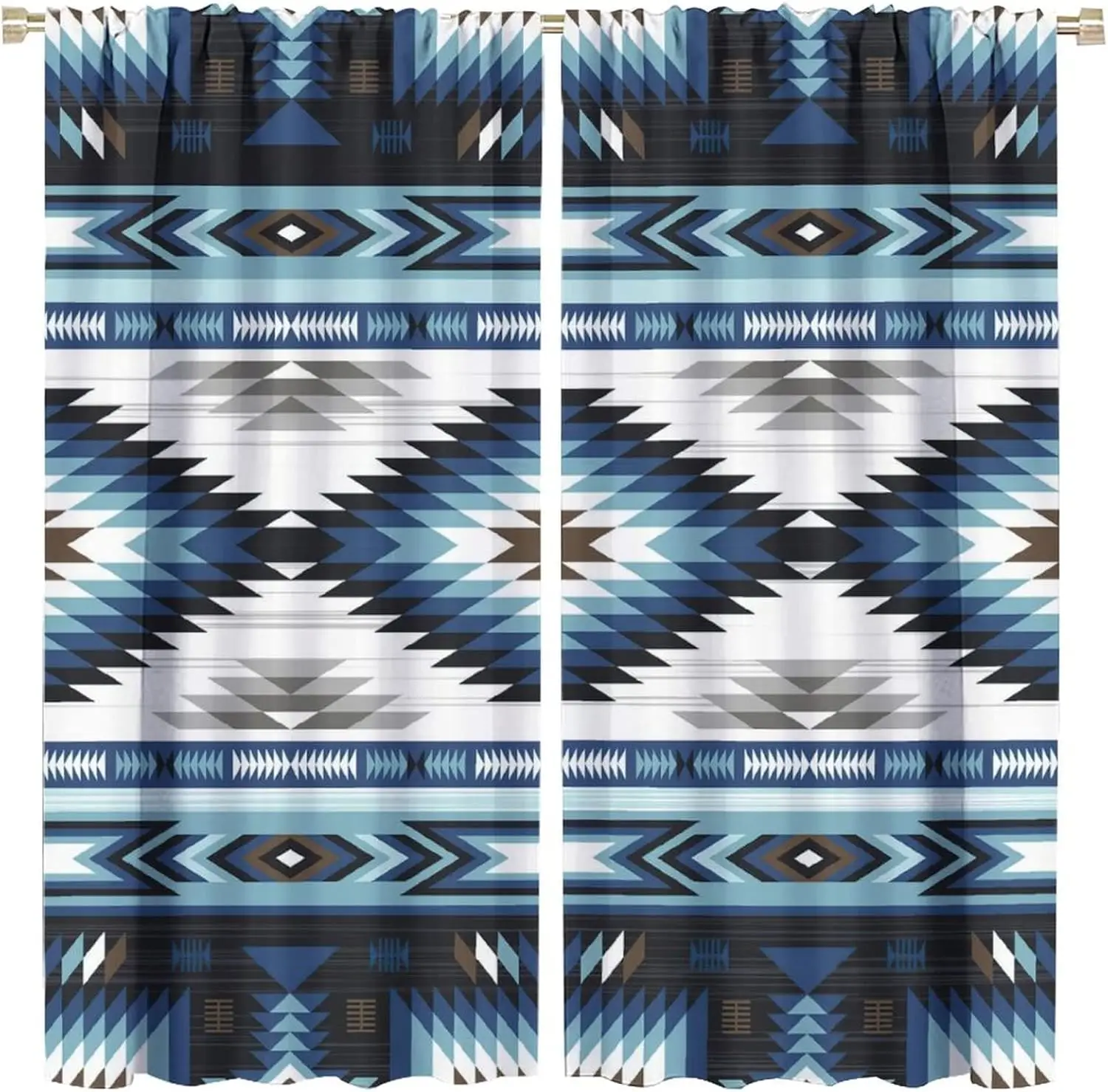 Aztec Tribal Window Curtain Striped Triangle Diamond Pattern Blue Grey Tone Rod Pocket Panels Western Farmhouse Room Decoration