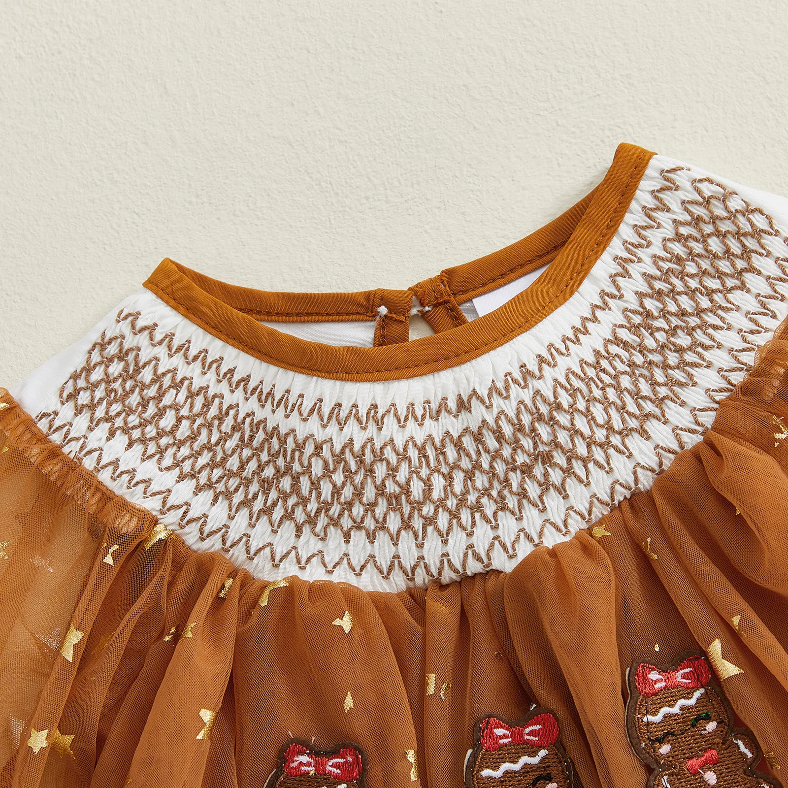 

0-18M Infant Baby Girl Tulle Romper Dress Christmas Gingerbread Embroidery Bubble Long Sleeve Jumpsuit