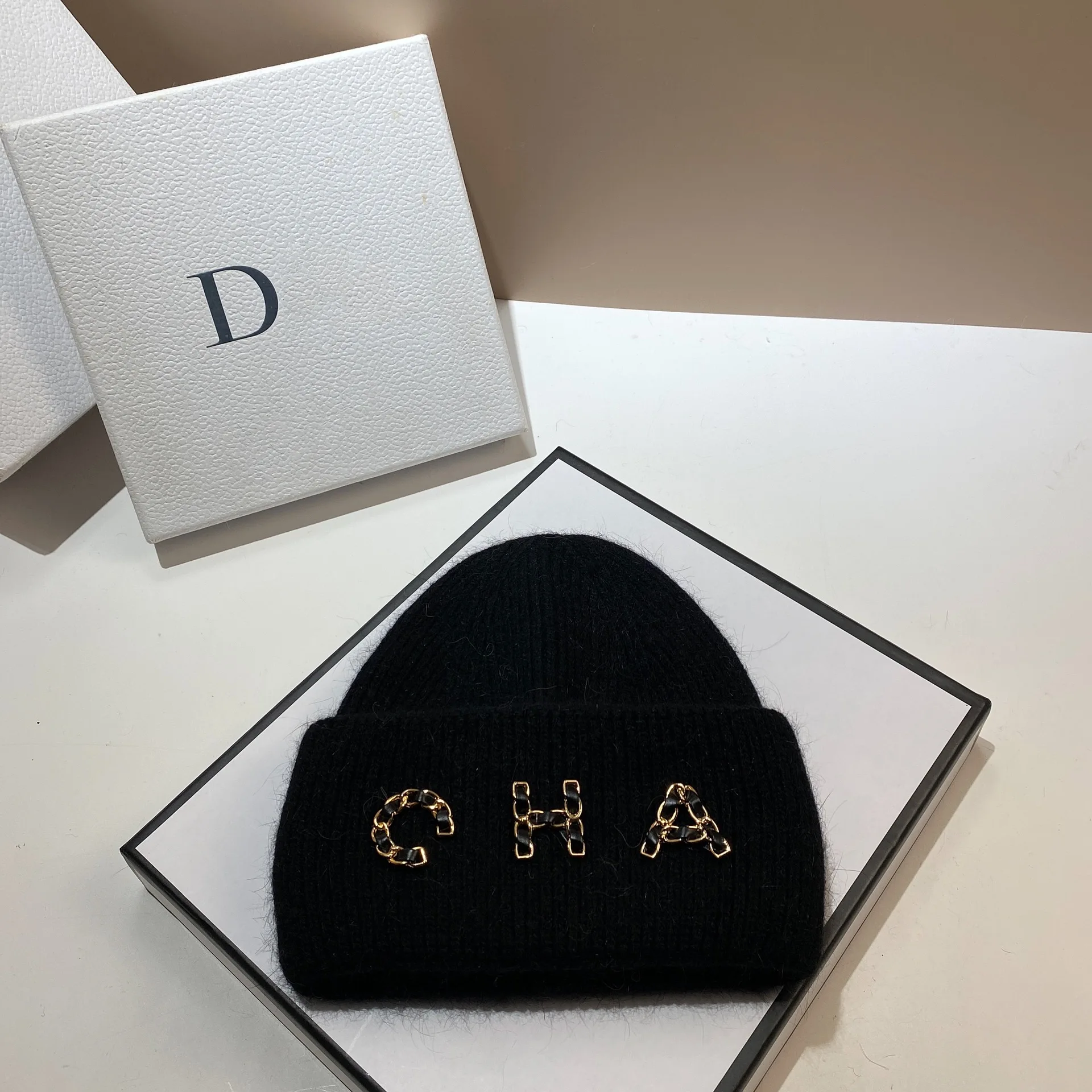 Chain Letter CHA Winter Warm Rabbit Hair Double Fold Knitted Hat Fashion Outdoor Ear Protection in Europe and America