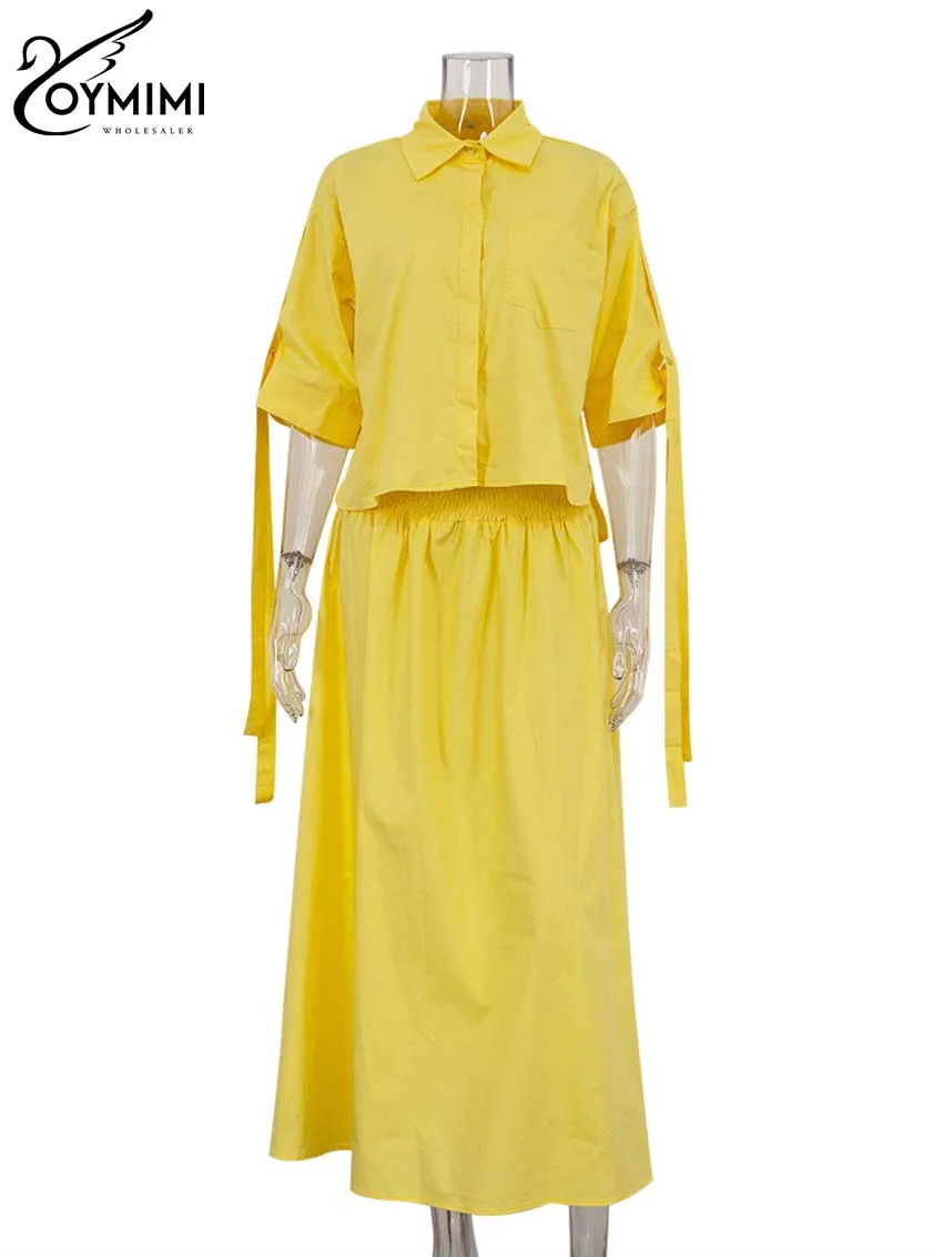 Oymimi Casual Yellow Cotton Sets Womens 2 Piece Fashion Loose Half Sleeve Shirts And High Waisted Pleated Mid-Calf Skirts Sets