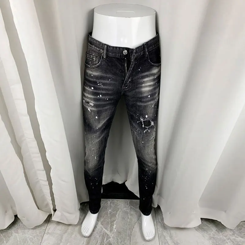 Men Vintage Black‑Ash Streaky Washed Paint‑Splatter Abrasion Patch Stretch‑Fit Denim Jeans Youth High‑Street Trend Denim Jeans