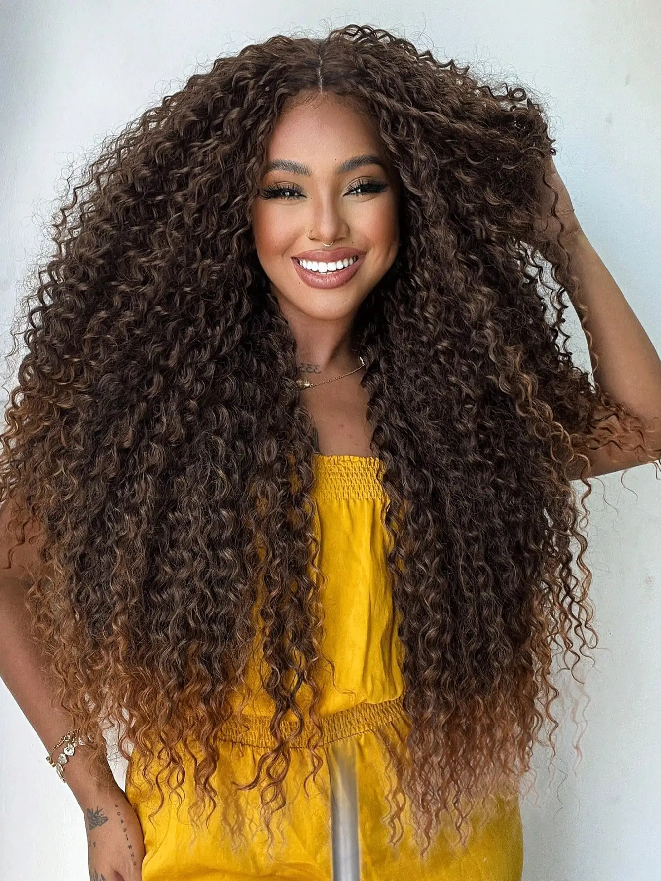 

28 Inch Extra - Long Wig For Women, Small Curly Wavy Honey Brown And Black Synthetic Hair Wig, Heat Resistant, Fluffy With Thick