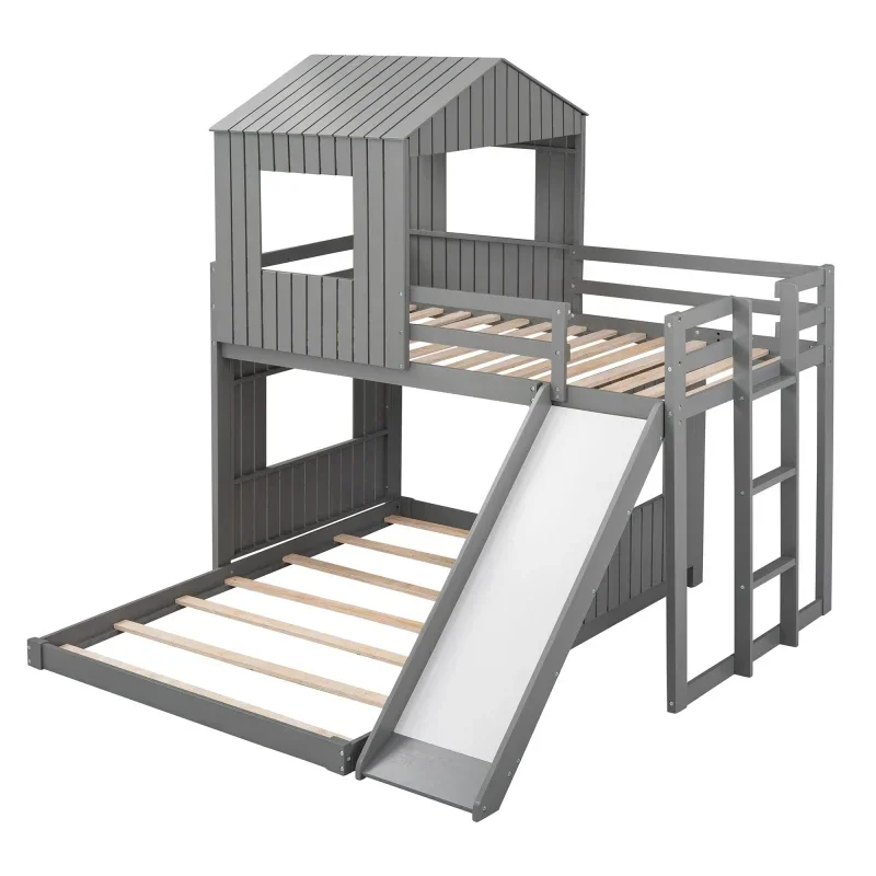 

Gray Wooden Twin Over Full Bunk Bed, Loft Bed with Playhouse, Farmhouse, Ladder, Slide and Guardrails for bedroom furniture