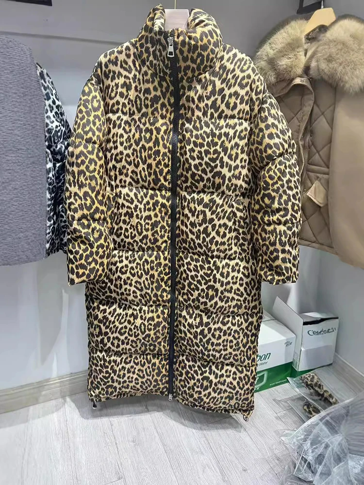 Leopard Print Loose Cotton Padded Jacket Women Casual Stand Collar Long Parkas Coat 2024 Winter Warm Y2K Top Streetwear