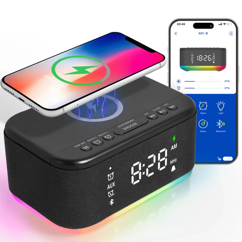 

4-In-1 App Control Home Hotel Bedside Night Light FM Radio Bluetooth Speaker with Clock and Wireless Charging
