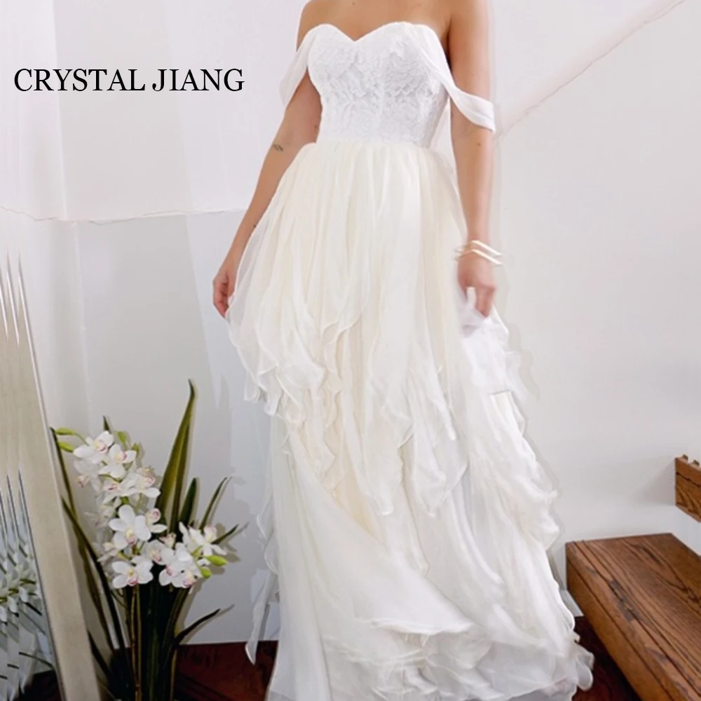 Vintage Long Off the Shoulder Chiffon Wedding Dresses Sleeveless A Line Tiered Floor Length  Vestidos Para Eventos Especiales