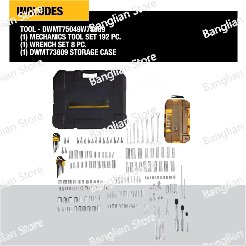 Mechanics Tool Set, SAE and Metric, 1/2, 1/4, 3/8 Drive Sizes, 192-Piece, Chrome Vanadium Steel,