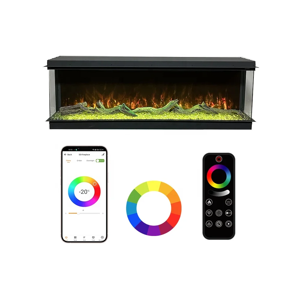 44/56/68/80/99 Inch Modern High-end Clean Face Electric Fireplaces RGB 8 Colors 3 Sided View Flames Decorating Fireplace