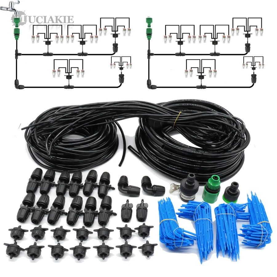 

MUCIAKIE 15M 3/8'' Main Line 10m 1/4'' Hose Automatic Micro Drip Garden Irrigation System Kits w/ Timer 4 Way Emitter Tee Elbow